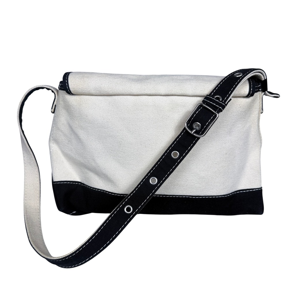 L.L. Bean Messenger Bag Womens Small Cream Black Canvas Flap Adjustable Strap
